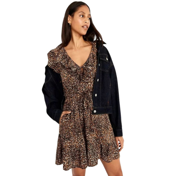 Old Navy Leopard Fit & Flare Dress Double Ruffle Sleeves | Drawstring Waist XXL - Picture 3 of 13
